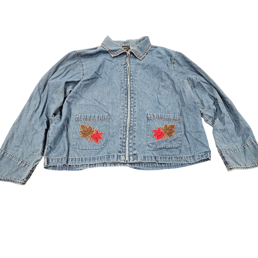 Vintage Erika Denim Zip Jacket Leaf Appliqué Embroidered Pockets Jean Jacket XL